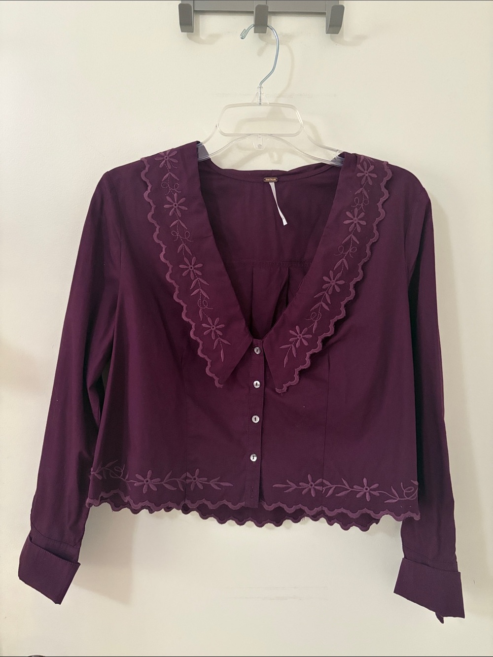 Free People Plum Embroidered Button-Down Blouse